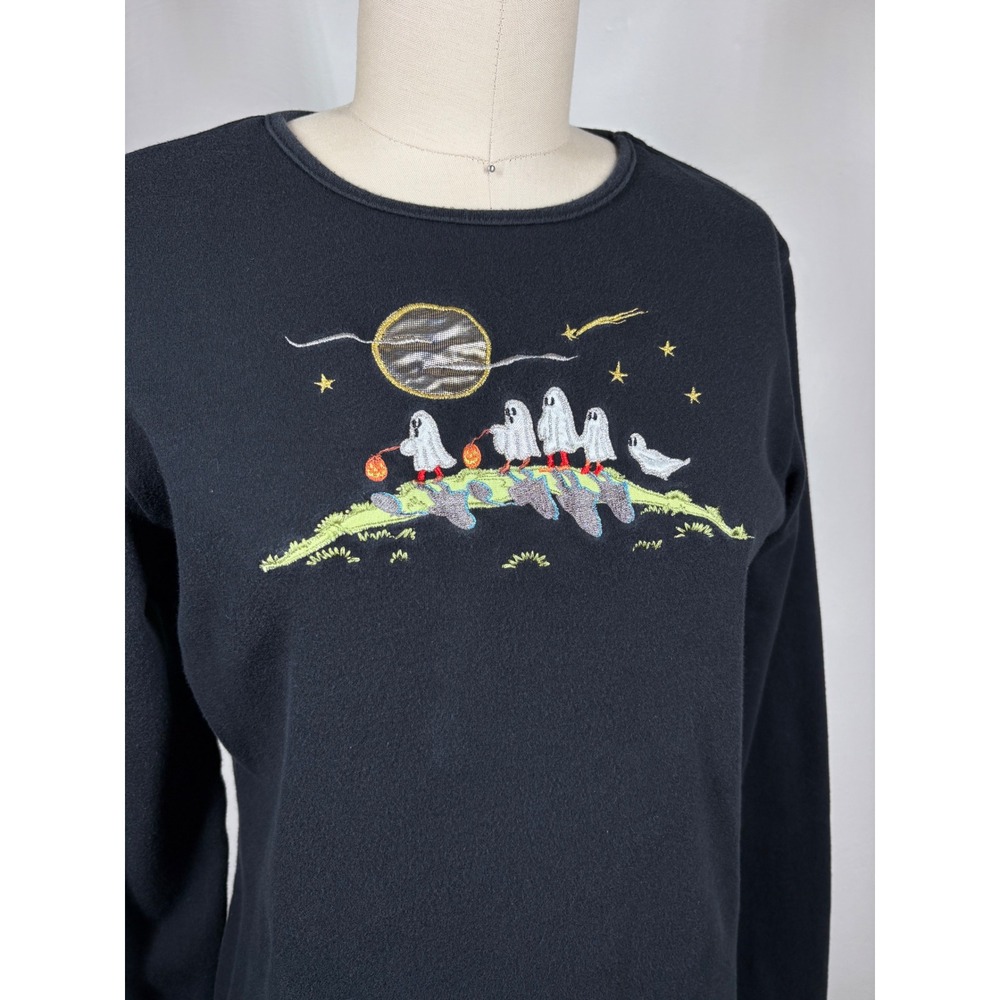Vintage Womens Small Black Halloween Ghost Embroidered Long Sleeve Top Ghosts